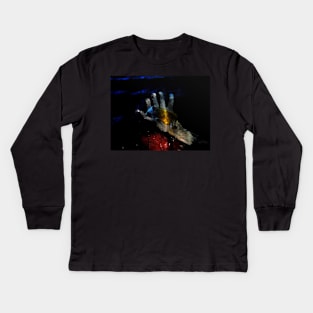 Digital collage, special processing. Hand laying on some wet surface. Psychedelic. Yellow liquid in it. Kids Long Sleeve T-Shirt